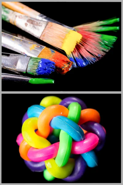 Colorful paint brushes and knot rubber ball — Stock Photo, Image