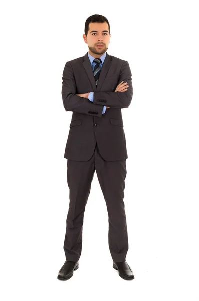 Jeune homme latino debout portant un costume gris — Photo