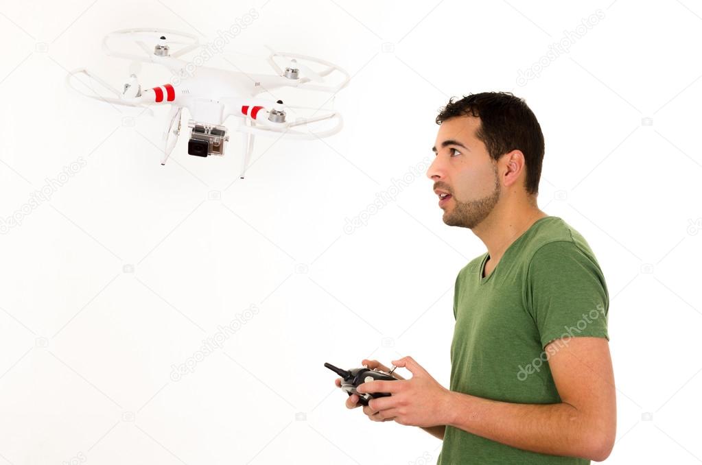 young man with quadcopter drone