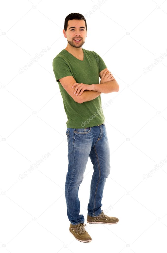 young man jeans green t-shirt standing crossing arms