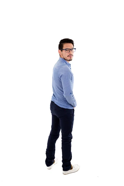 Young hispanic man with blue shirt and glasses posing — Stock Photo, Image