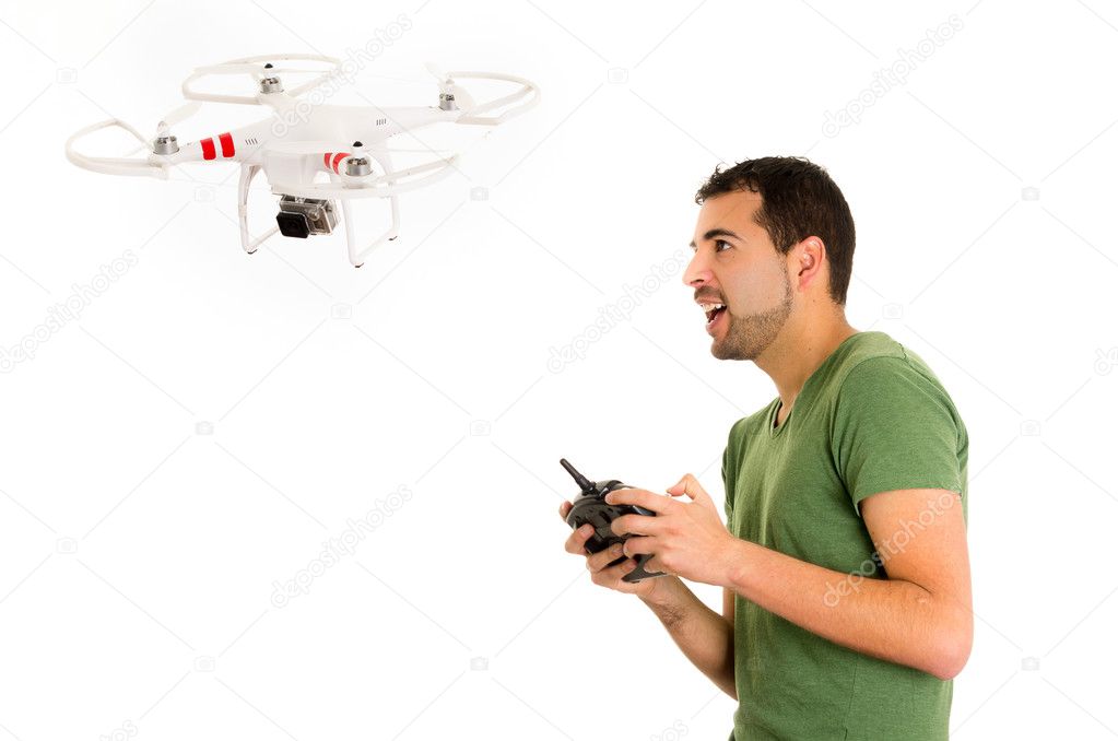young man with quadcopter drone