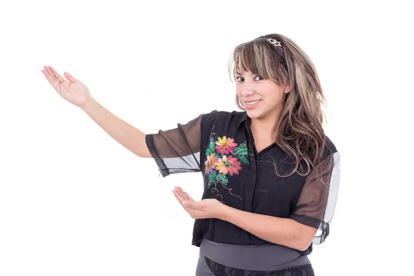 Hezká dívka gestikuloval rukama prezentace — Stock fotografie