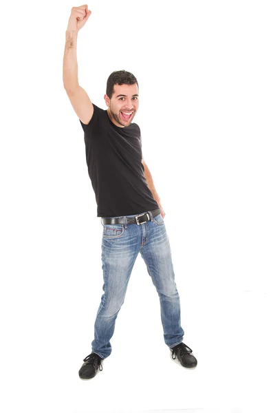 Young man wearing jeans posing with fist up — Stock Photo, Image