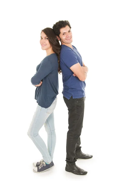穿蓝色衣服的年轻夫妇 — 图库照片