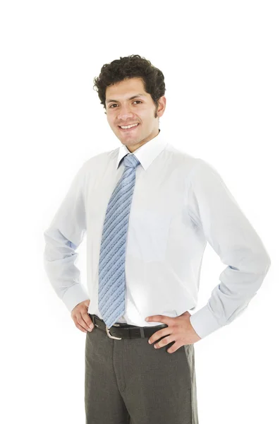 Giovane uomo ispanico indossa camicia e cravatta blu posa — Foto Stock