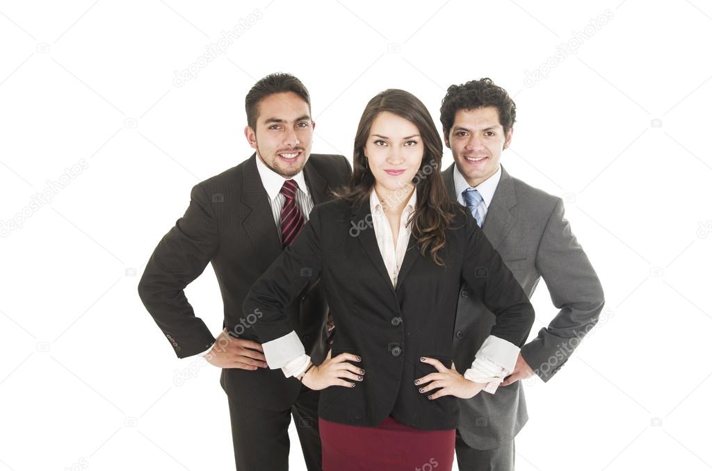 two young men and a beautiful girl dressed in suits