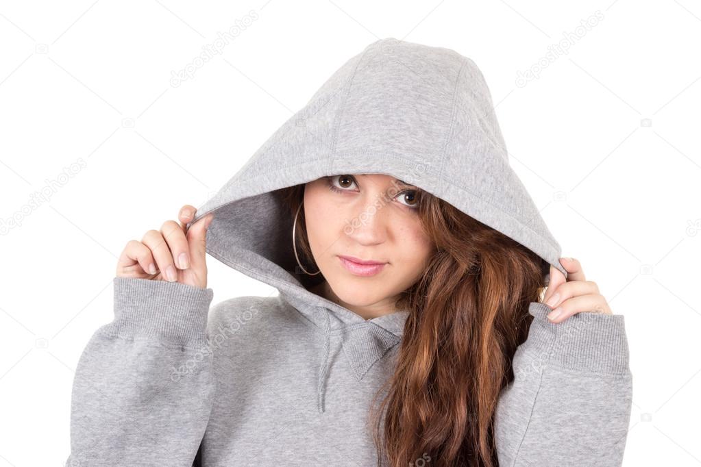 Attractive young red haired girl wearing grey hoodie — Stock Photo