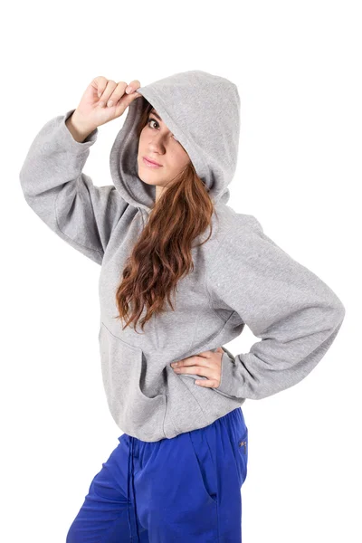 Attractive young red haired girl wearing grey hoodie — Stock Photo, Image