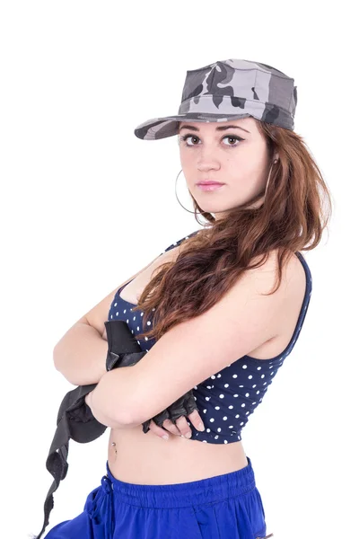 Hermosa chica sexy con gorra militar y top de la cosecha —  Fotos de Stock