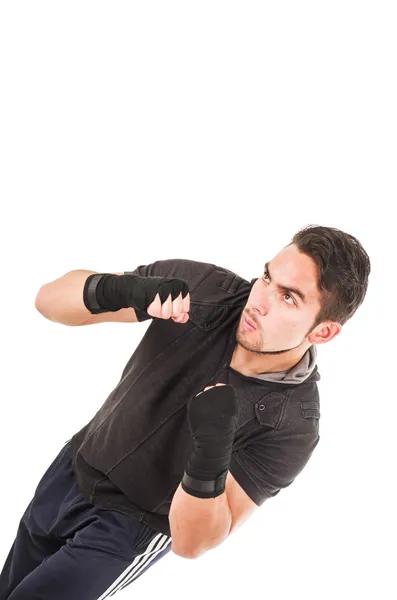 Guapo latino luchador usando negro ropa entrenamiento — Foto de Stock