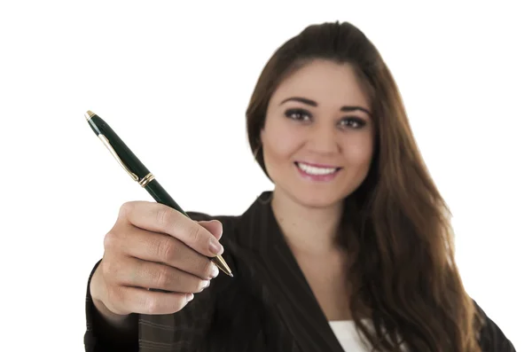 Piękna młoda kobieta trzyma długopis — Zdjęcie stockowe