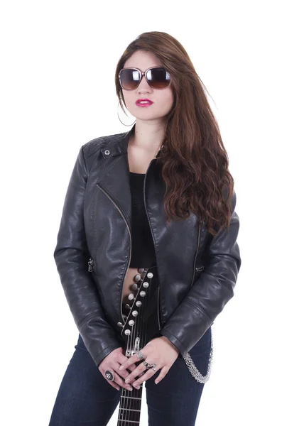 Beautiful  young rocker girl wearing leather jacket and posing — Stock Photo, Image