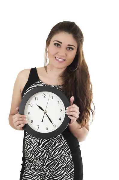 Pretty young hispanic girl holding black round clock — Stock Photo, Image