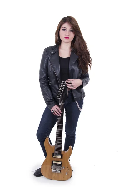 Beautiful sexy young musician girl holding electric guitar — Stock Photo, Image