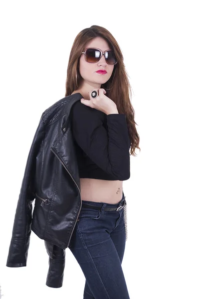 Attractive rocker girl wearing leather jacket and sunglasses — Stock Photo, Image