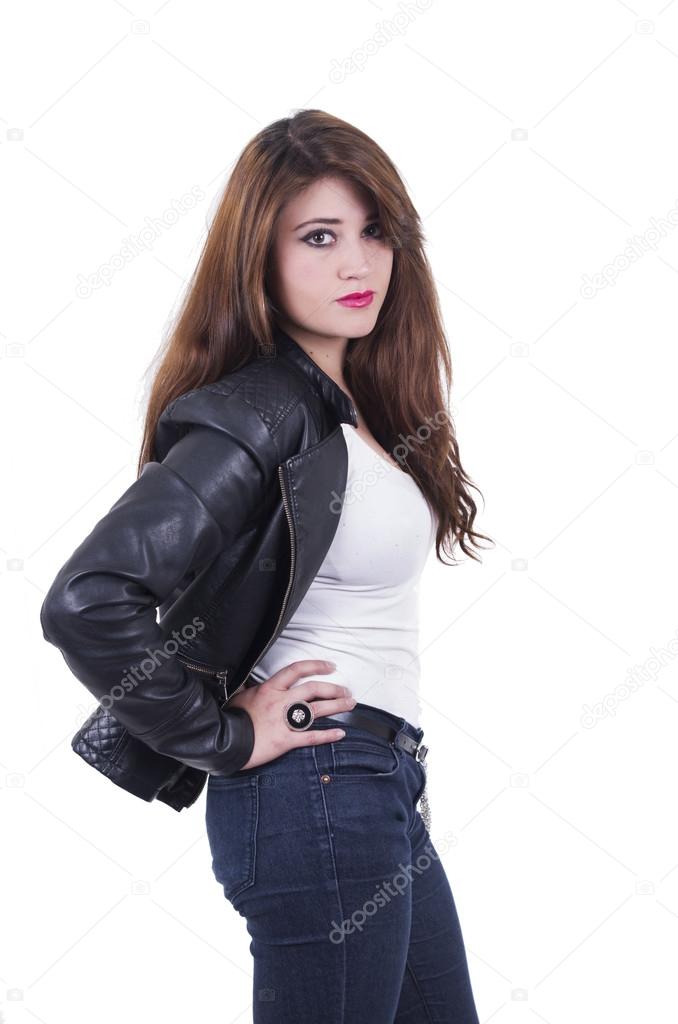 Attractive hispanic red haired girl wearing leather jacket Stock Photo