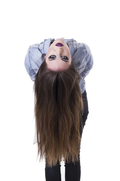 Gorgeous young rebel long haired girl with intense makeup — Stock Photo, Image