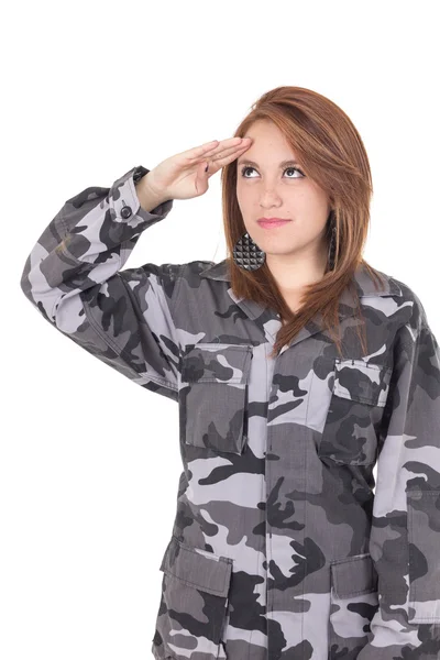 Menina bonita em uniforme militar — Fotografia de Stock