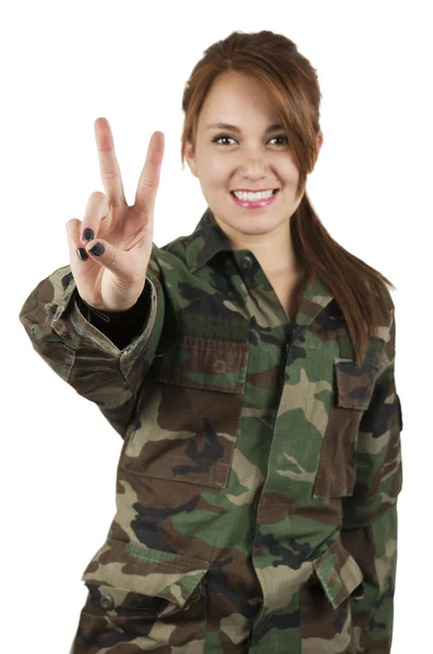 Happy teenage young girl wearing green military jacket — Stock Photo, Image