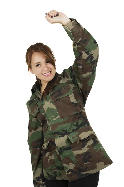 Krásná mladá dívka oblečená do zelené vojenské uniformy — Stock fotografie