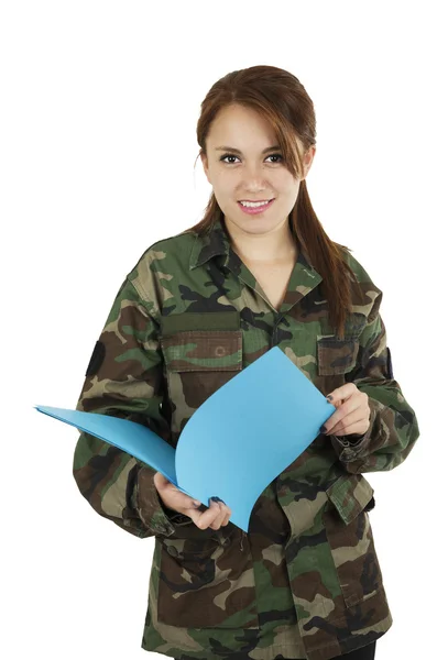 Young smiling teeange girl wearing military jacket and holding plastic folder — Stock Photo, Image