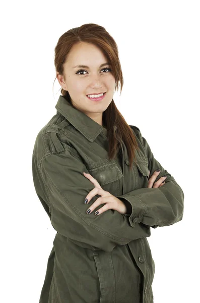 Retrato de una hermosa joven con chaqueta verde de estilo militar —  Fotos de Stock