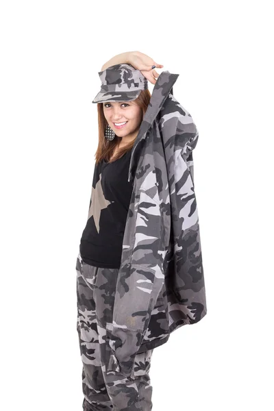 Hermosa joven posando con uniforme militar gris —  Fotos de Stock