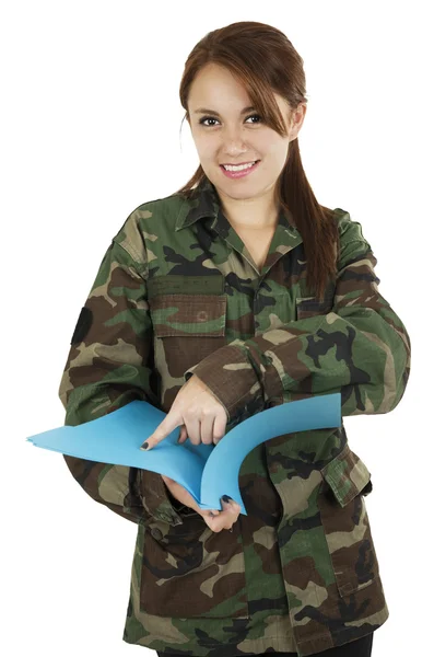 Young smiling teeange girl wearing military jacket and holding plastic folder — Stock Photo, Image