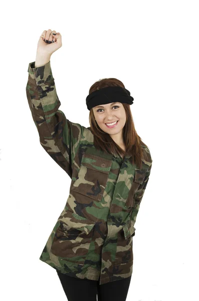 Junges glückliches Mädchen in grüner Camouflage-Jacke — Stockfoto