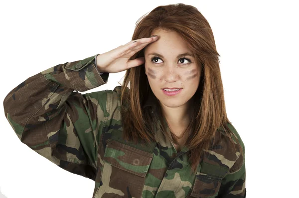 Young happy girl dressed in green camouflage jacket — Stock Photo, Image