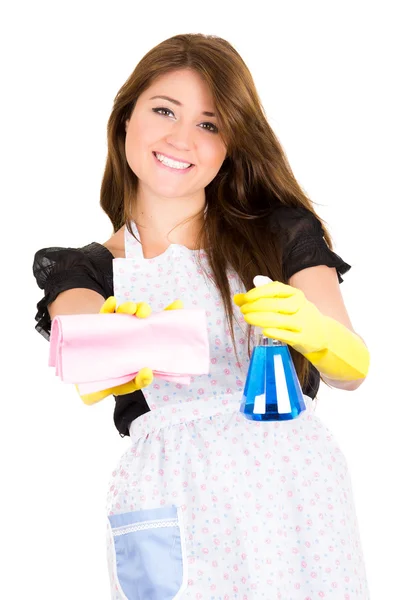 Krásná mladá hospodyňka čištění — Stock fotografie