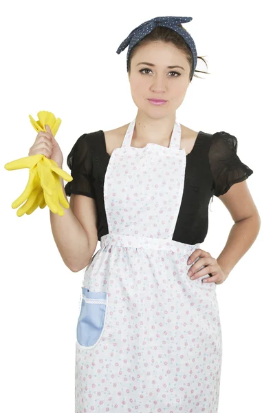 Jonge mooie hispanic meid handschoenen en schort dragen — Stockfoto