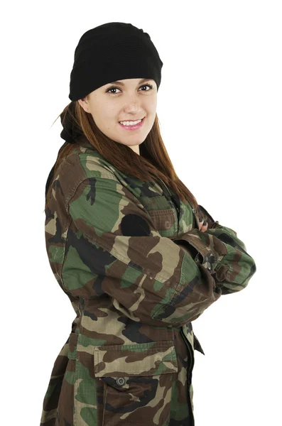 Glad flicka klädd i grön camouflage jacka — Stockfoto