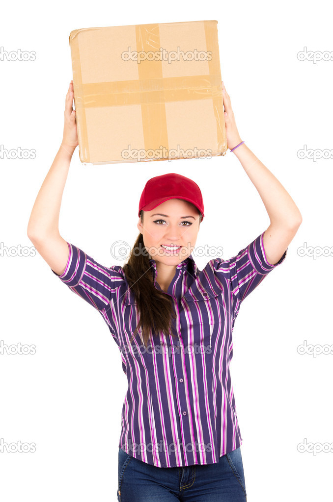 Young happy beautiful delivery girl carrying cardboard box