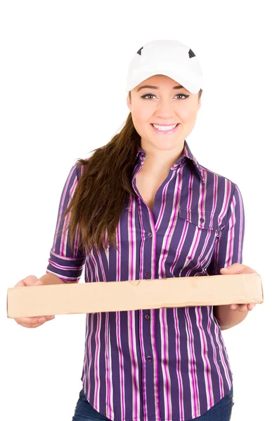 Young happy delivery woman holding package — Stock Photo, Image