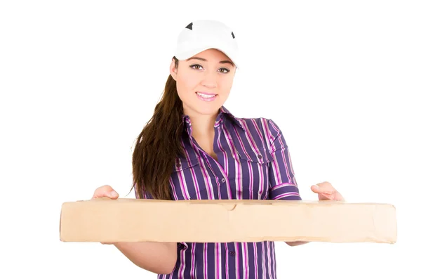 Young happy delivery woman holding package — Stock Photo, Image