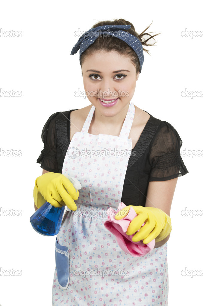 Young pretty housewife cleaning
