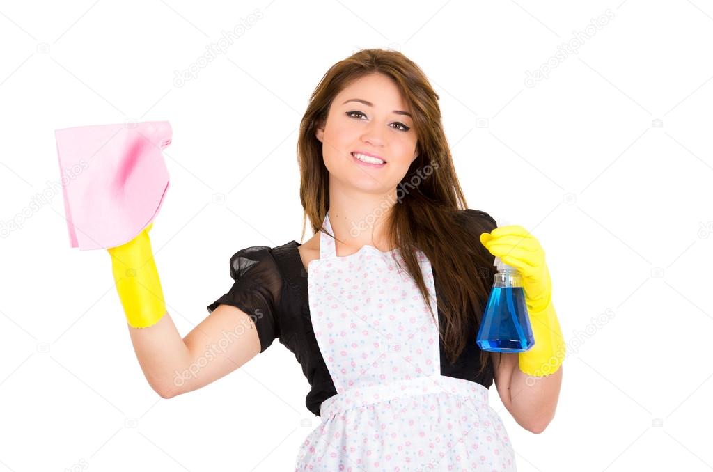 Beautiful young housewife cleaning