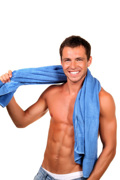 Young sport man over white