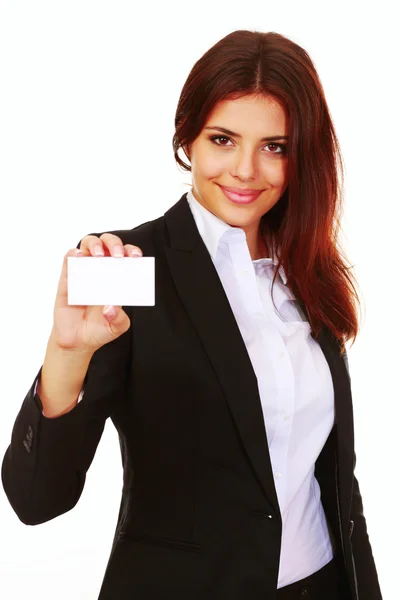 Empresária segurando um cartão em branco — Fotografia de Stock