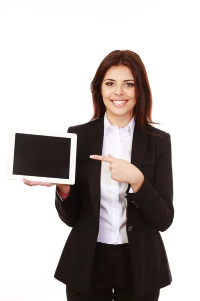 Empresária mostrando uma exibição de tablet eletrônico — Fotografia de Stock
