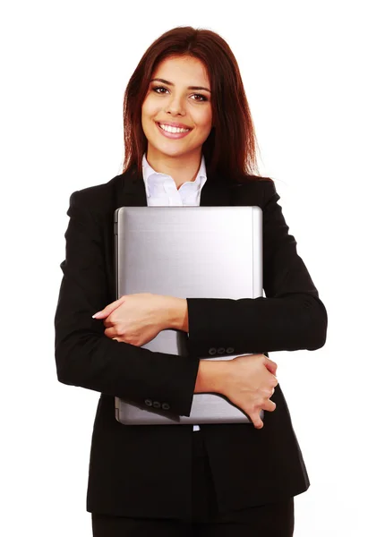 Geschäftsfrau hält ihren Laptop — Stockfoto