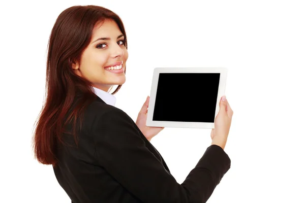 Geschäftsfrau zeigt ein Display eines elektronischen Tablets — Stockfoto