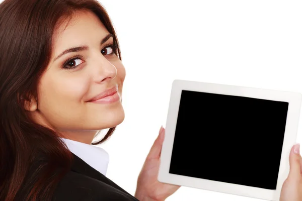 Podnikatelka, ukazuje displej elektronický tablet — Stock fotografie