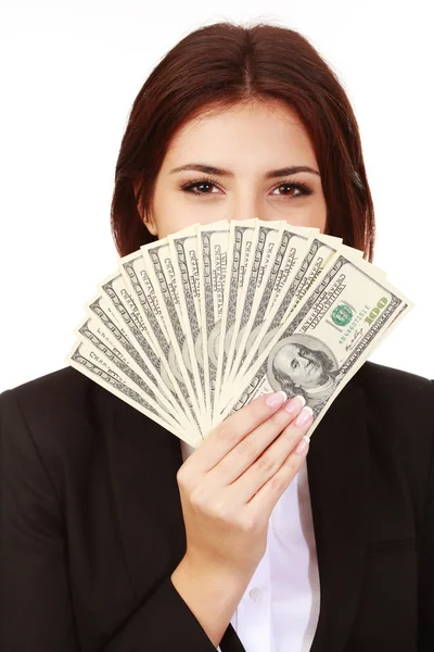 Podnikatelka zakryla tvář s dolary — Stock fotografie