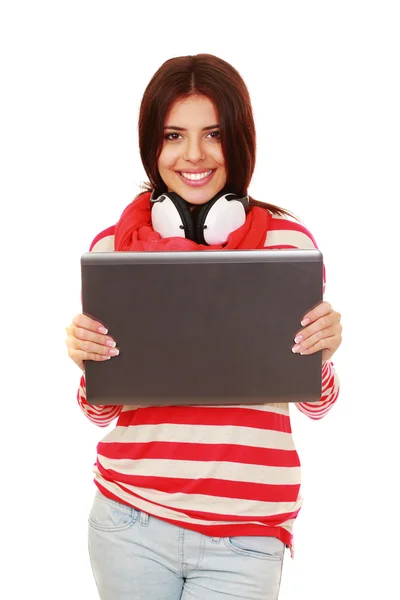 Young happy teen girl holding laptop — Stock Photo, Image