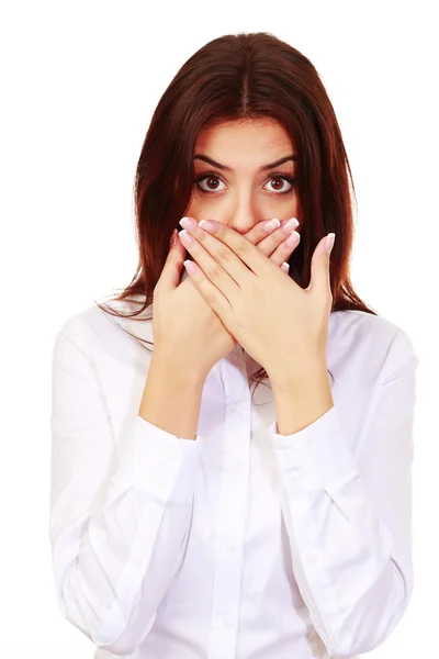 Hermosa mujer sorprendida con las manos sobre la boca — Foto de Stock