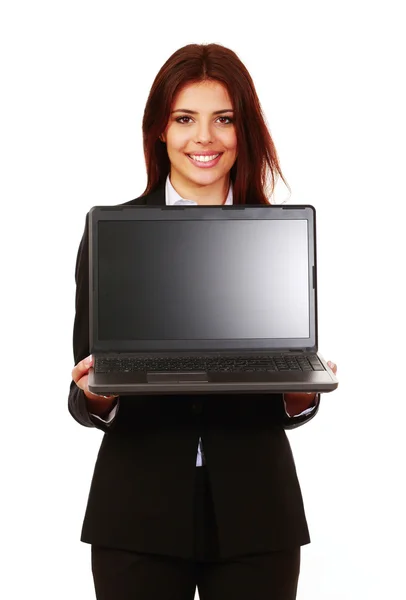 Businesswoman showing computer display — Stock Photo, Image