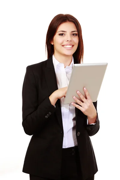Jonge zakenvrouw met behulp van elektronische Tablet PC — Stockfoto